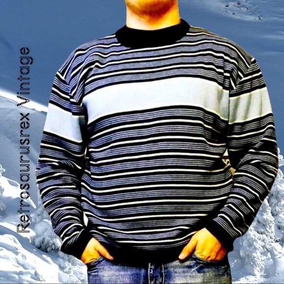 Vintage 90’s Blue Stripe Skater Long Sleeve Grunge Sweater, XL - Picture 1 of 4